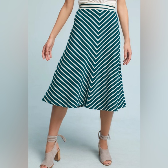 Anthropologie Harlyn Zali Chevron Striped Cotton Midi Skirt Medium Green Cream - Picture 3 of 16